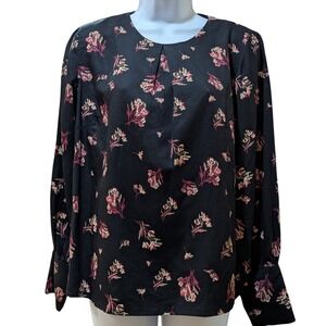 People Tree Black Floral Romantic Boho Long Sleeve Blouse Pleated Neck Size 10